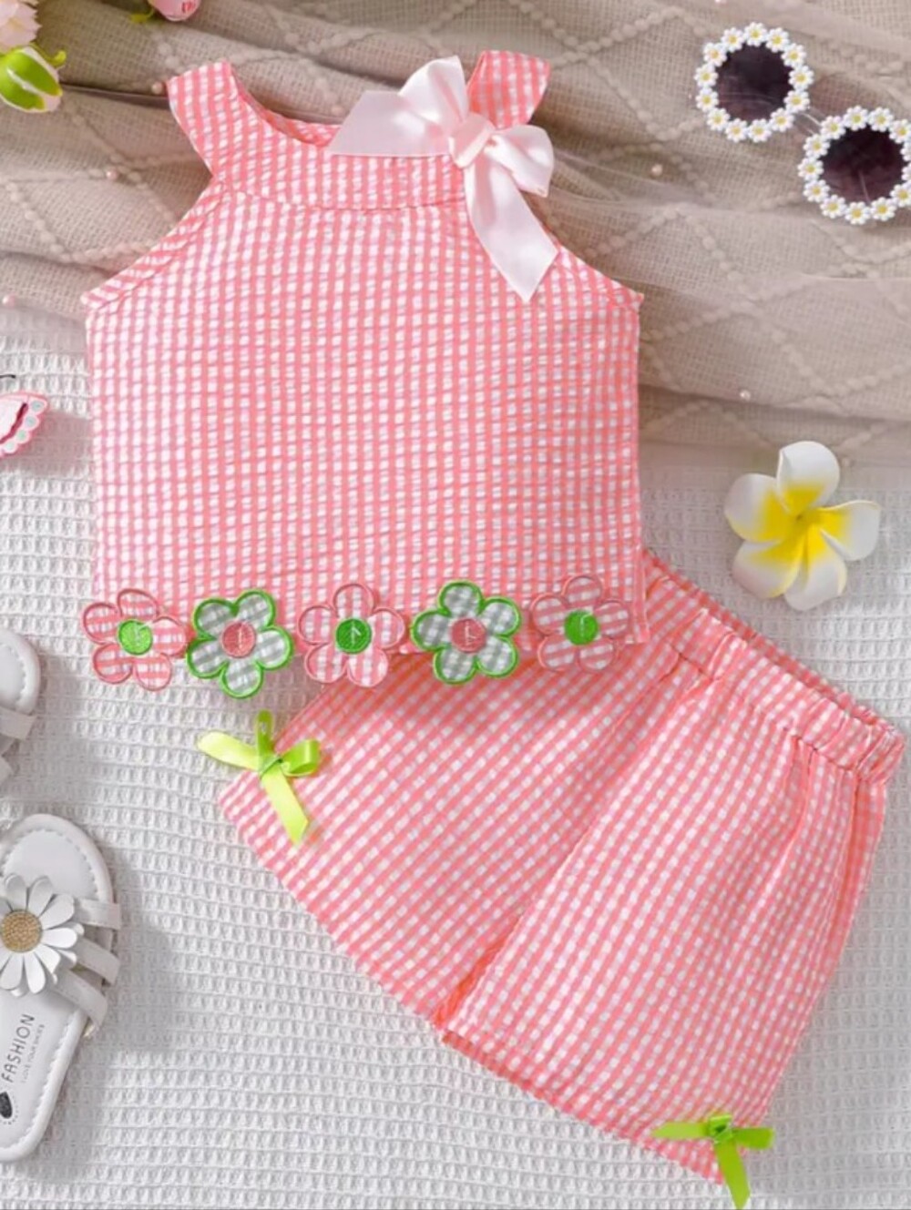 Girls Pink Gingham Floral Trim Short Set
